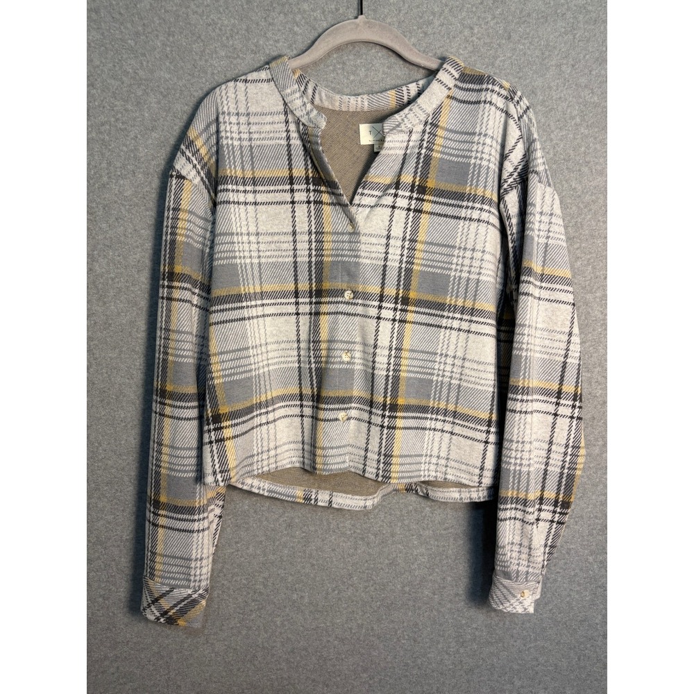 T.S by Thread & Supply Plaid Shacket Top Women's M Grey Yellow Cozy Warm